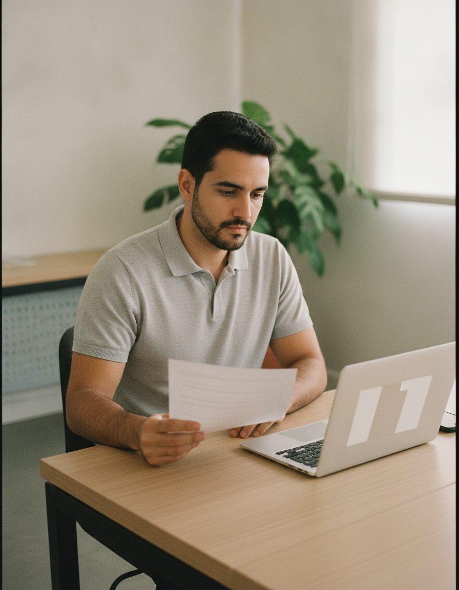 Assistente administrativo confere uma nota de fornecedor impressa ao lado do notebook, numa mesa de escritório