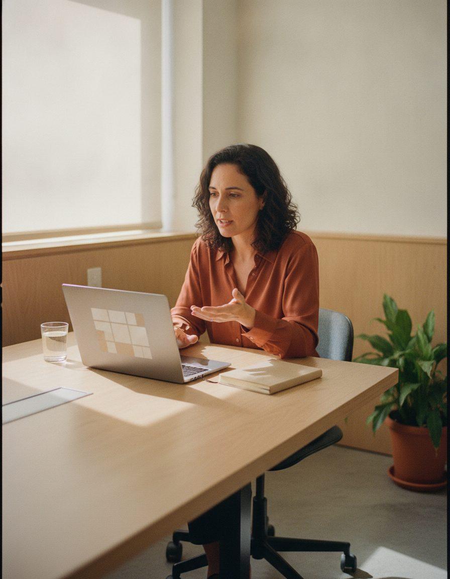 Gerente de projetos conduz uma reunião por vídeo no notebook, numa sala de reunião clara