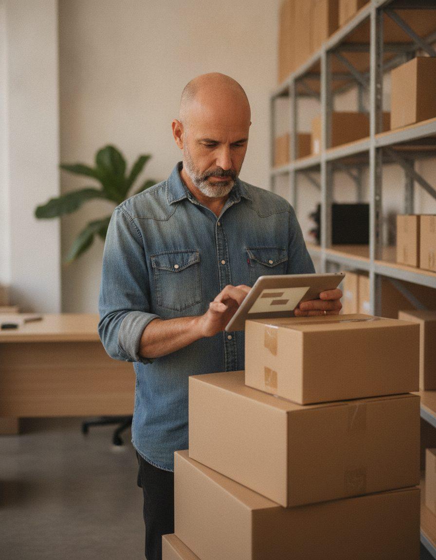 Gerente de compras confere as caixas recém-entregues com o pedido aberto no tablet, no depósito