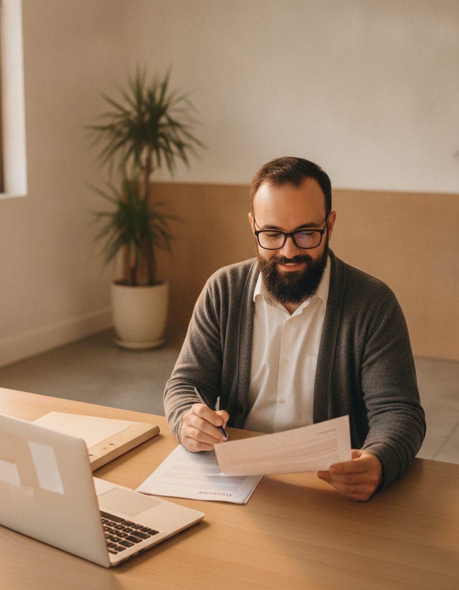 Gestor administrativo revisa um contrato impresso, de caneta na mão, ao lado do notebook