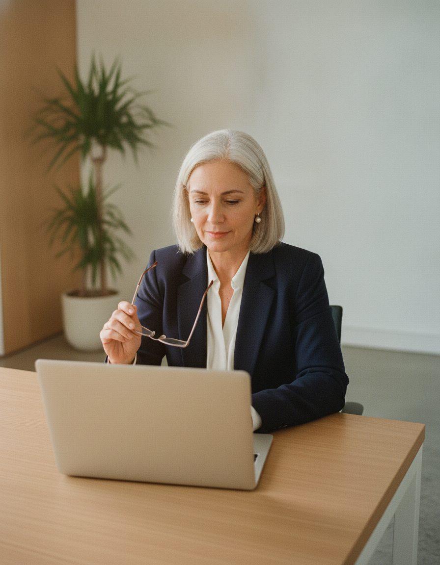 Diretora revisa os acessos da equipe no notebook, numa mesa de escritório