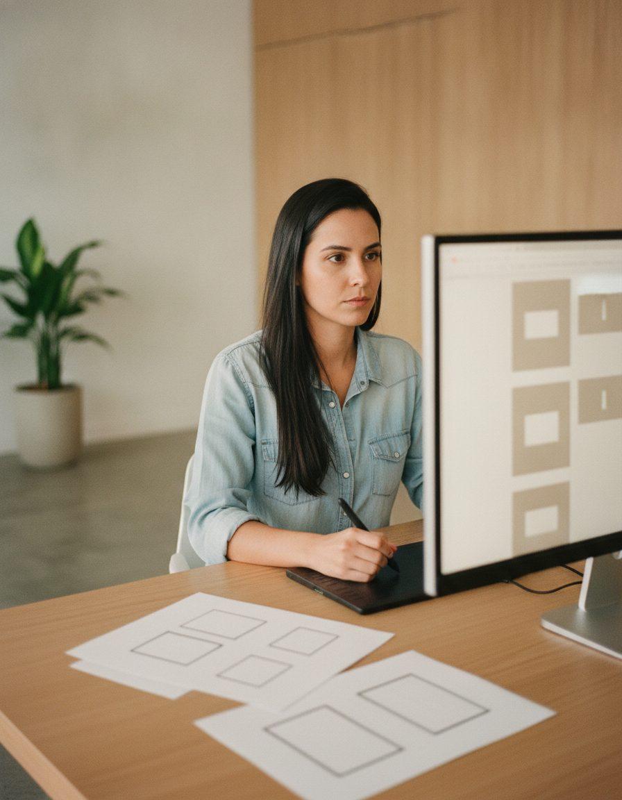 Designer revisa no monitor o protótipo de uma página, com esboços em papel sobre a mesa