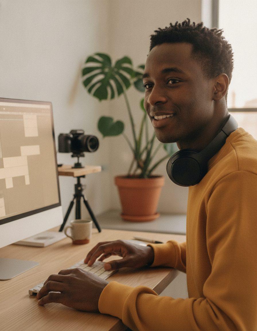 Analista de marketing revisa um corte de vídeo no monitor, com fones no pescoço e uma câmera no tripé ao fundo