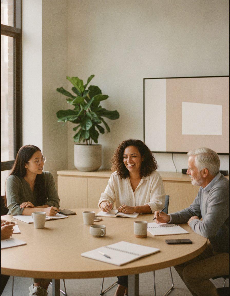 Colegas de áreas diferentes conversam em volta de uma mesa de reunião, com cadernos e xícaras de café
