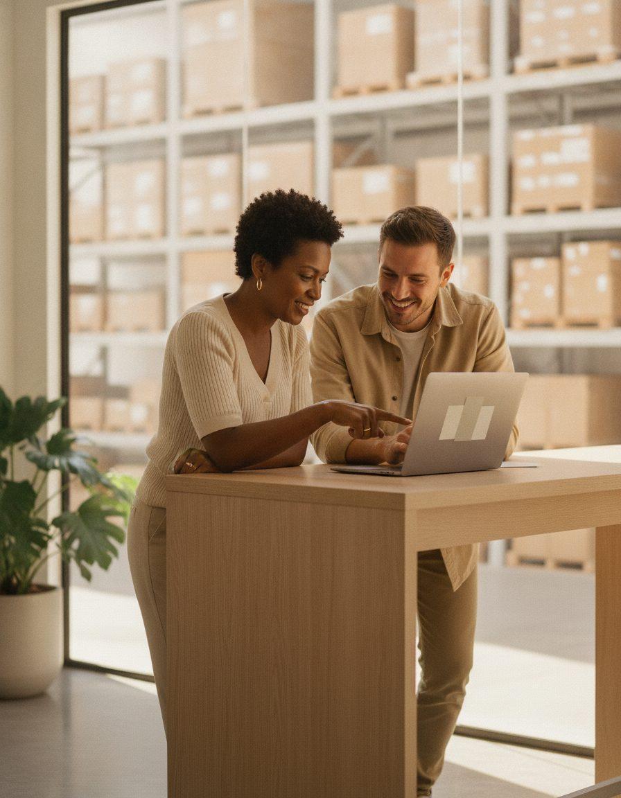 Gestora financeira e coordenador de operações decidem juntos diante do notebook, numa mesa alta em frente às prateleiras do depósito