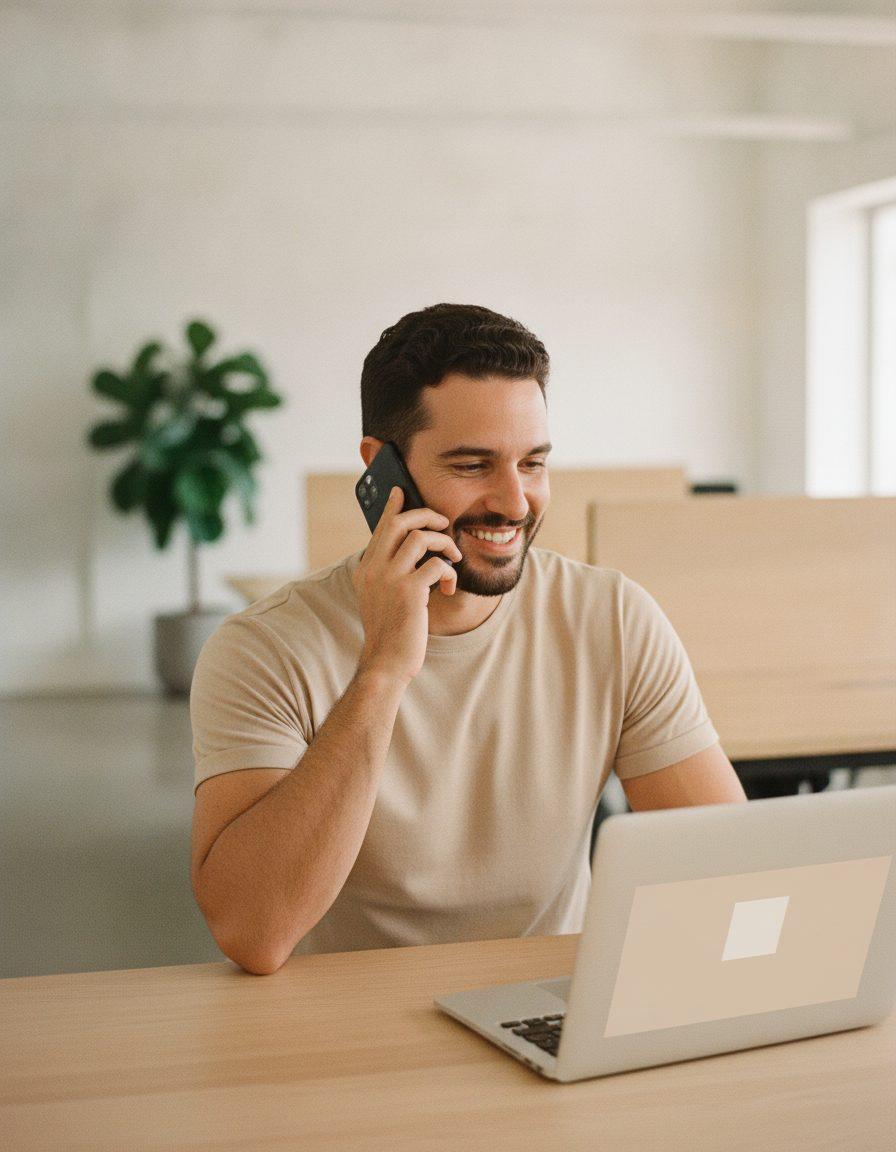 Vendedor fala ao telefone com um cliente enquanto confere a proposta no notebook