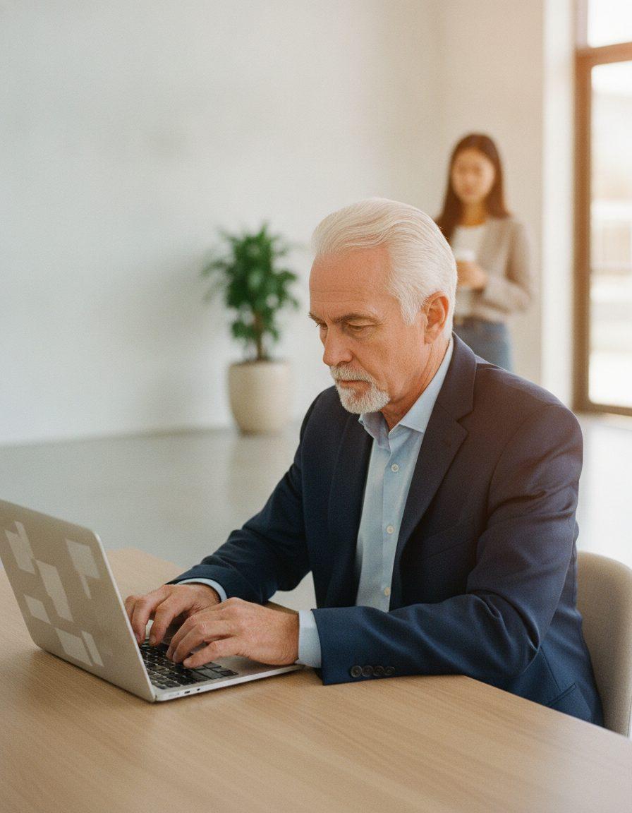 Administrador digita no notebook na recepção de uma filial nova, com um colega ao fundo segurando um café