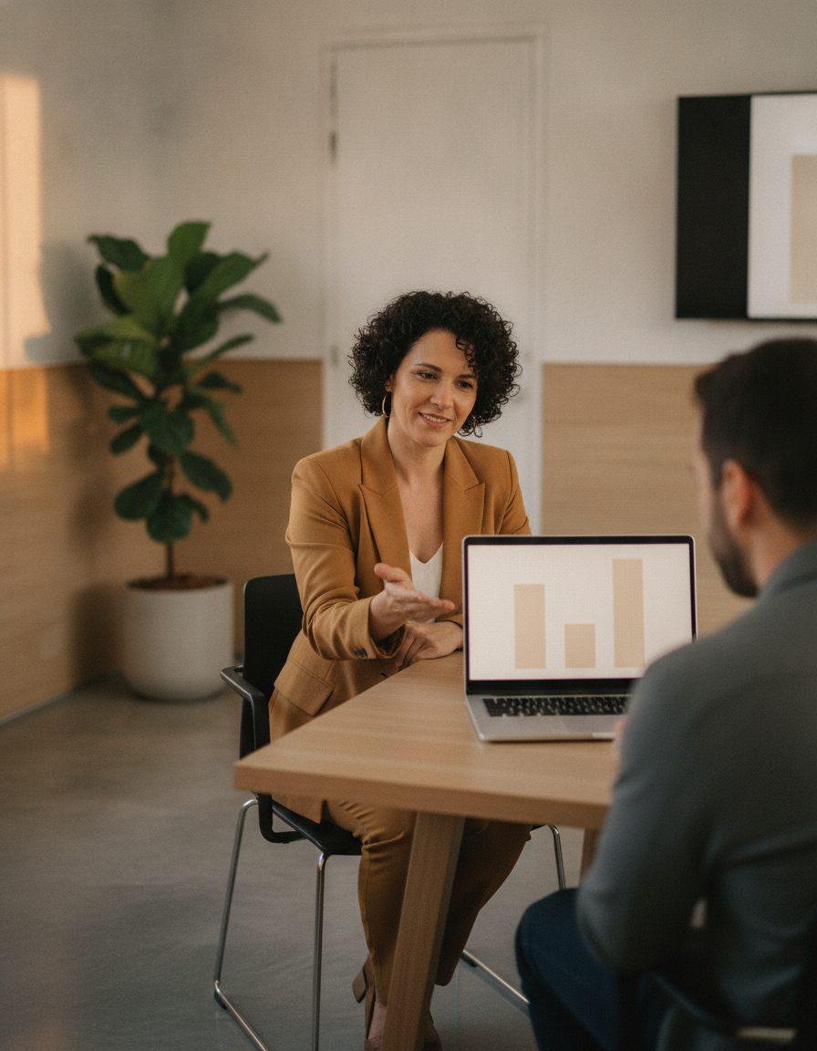 Executiva de contas mostra a um cliente um gráfico de barras no notebook, numa mesa de reunião