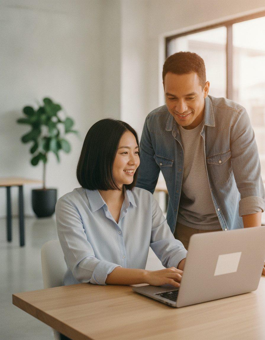 Duas pessoas da equipe conversam em frente a um notebook, numa mesa de escritório