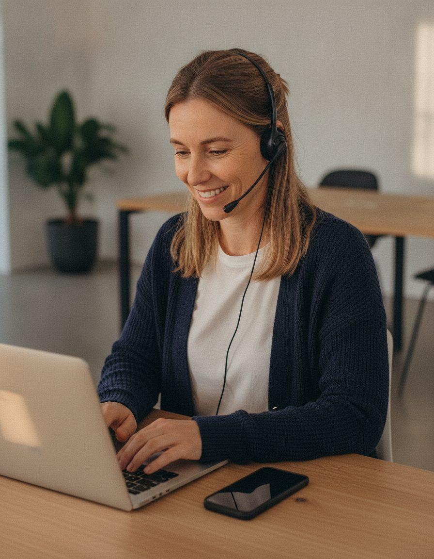 Supervisora de atendimento, de fone, responde um cliente no notebook, com o celular ao lado na mesa do escritório